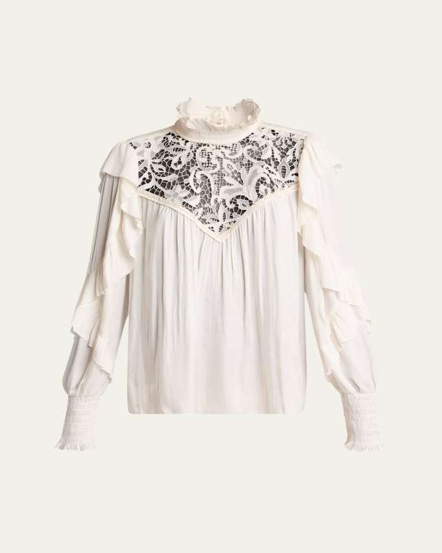 Seila Lace Ruffle Long-Sleeve Blouse